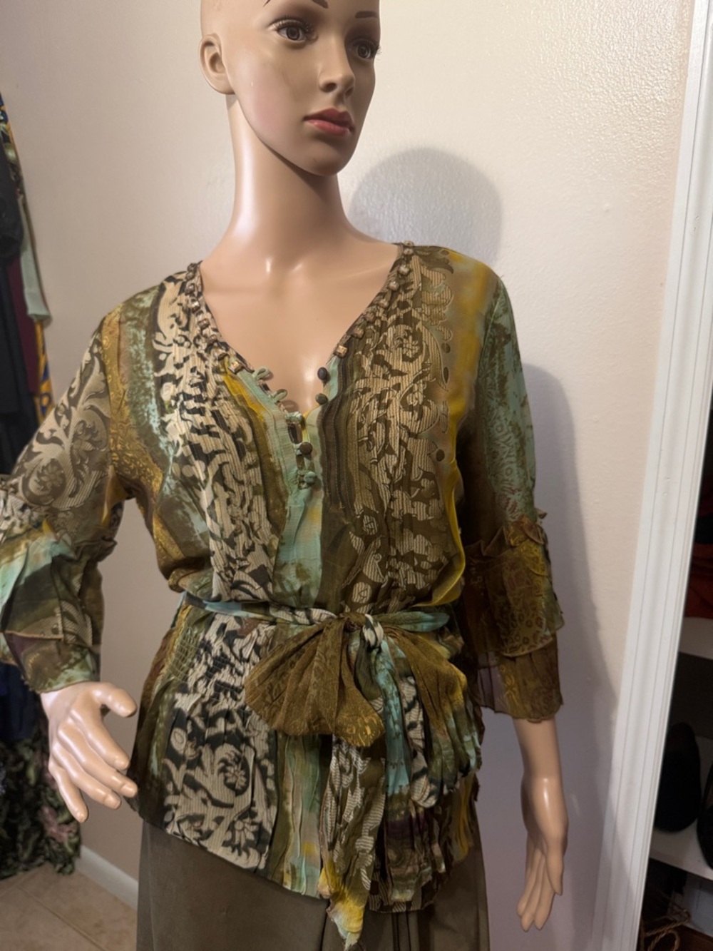 Alberto Makali Olive Green and Gold Patterned Boho Blouse - Picture 1 of 8